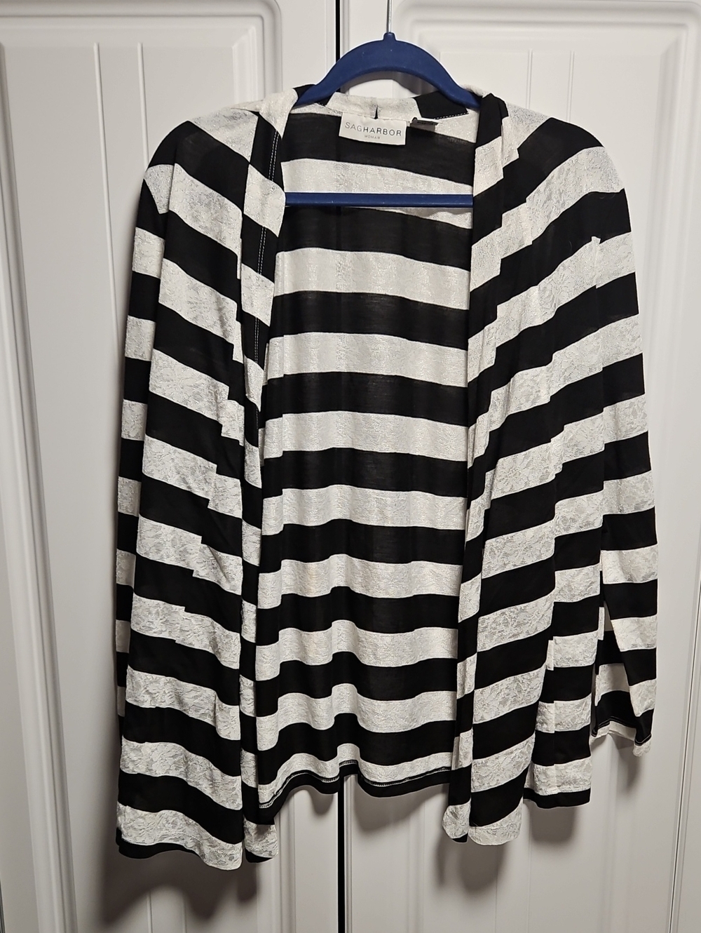 Sag Harbor Black and White Striped Open-Front Cardigan